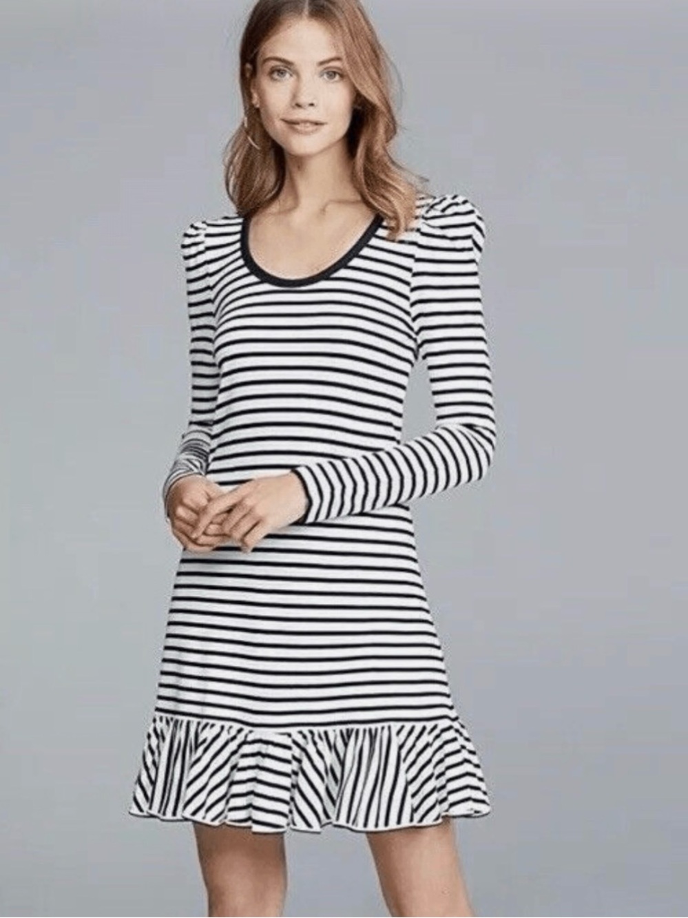 Alexis Loza Navy Ivory Stripe Knit Ruffled Hem Dress Size XS Coastal Chic Preppy